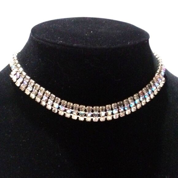 Vintage Silver Tone Multi Color Rhinestone Three Row Choker Necklace - Picture 1 of 5